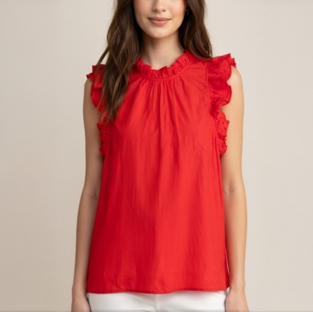 Marie Oliver Red Silk Cotton Ruffle Neck Tank Blouse Feminine Romantic Small